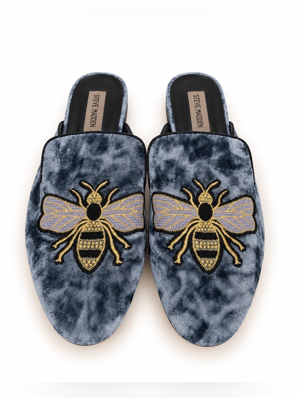 Steve Madden Hugh Blue Velvet Bumblebee Embroidered Flat Mule Loafers Shoes 8